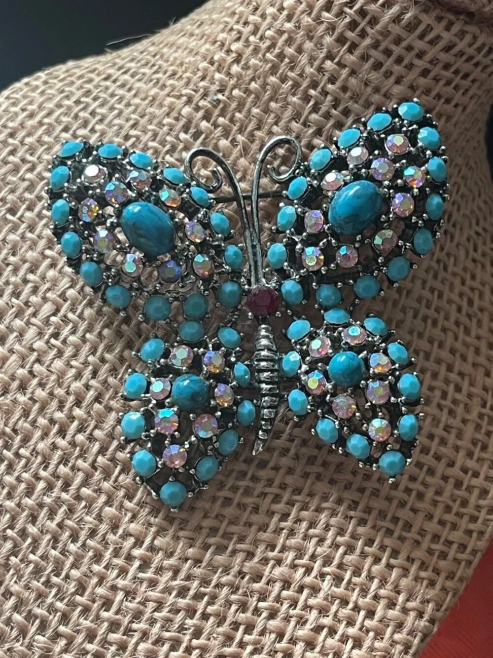 VTG Weiss Bejeweled Butterfly Brooch Turquoise Cabochons & Rhinestones 3.5